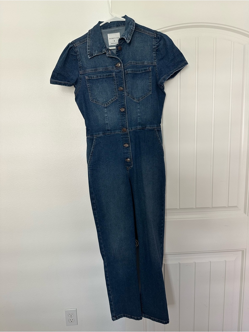 Celebrity Pink Dark Blue Short-Sleeve Denim Overalls Jumpsuit